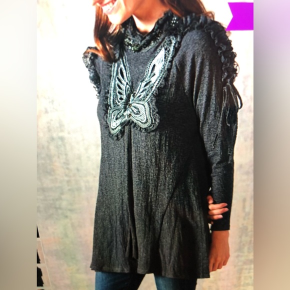 GREY Butterfly Crinkle Long Sleeve-Tie Top , Bohemian (New!) Unique Find! - Picture 4 of 6